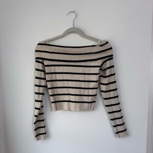 Lush Cream and Black Ribbed Off-Shoulder Top